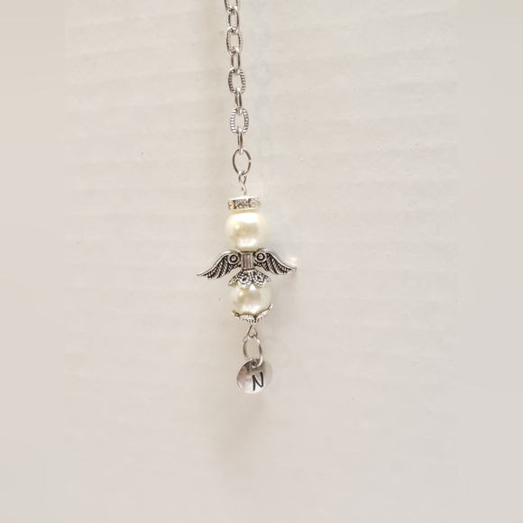 Handmade Pearl Beaded Guardian Angel & Intial Letter Rear View Mirror Charm Car - Picture 8 of 8